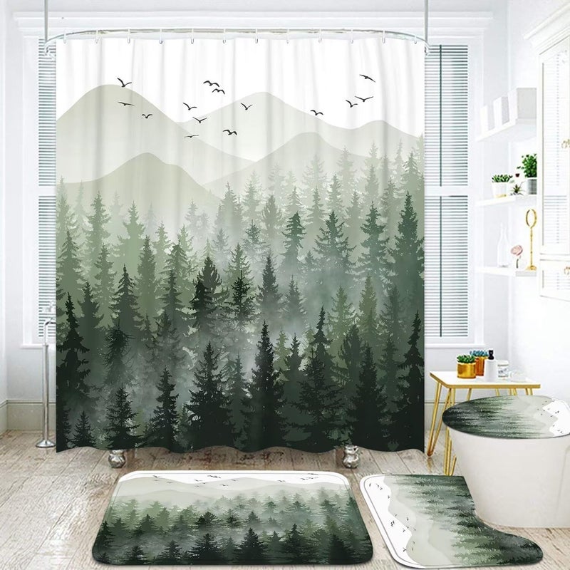 DDQQ 4Pcs Green Forest Shower Curtain Sets Pine Tree Bathroom Sets with Shower Curtain and Rugs Nature Woodland Bathroom Decor Accessories Shower Curtains for Bathroom Toilet Lid Cover - Image 3
